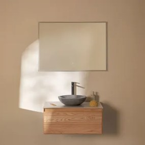 Tedrik Zwevend Badkamermeubelset Van Essenhout Ash Brown & Rond Grijs Cement Ø40 Cm Tarsis & Rechthoekige Led En Anticondens 100x70 Cm - Sklum