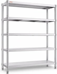 VEVOR Keukenrek, 5 lagen, vrijstaand rek tot 750 kg (150 kg per schap), roestvrijstalen horecarek met verstelbare poten en schappen, robuust rek voor magazijn, garage, werkplaats, 1200 x 455 x 1830 mm