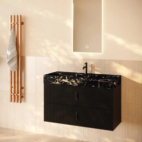 Muebles Murcia badmeubel ribbelfront 100cm zwart mat met Portoro Gold wastafel met kraangat