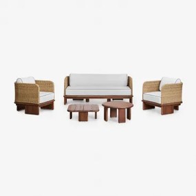 Woonkamerset Met 3-zitsbank, 2 Fauteuils En 2 Salontafels In Rotan En Acaciahout Famara Acacia Bruin - Sklum