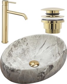 Wastafel Linda Stone + Kraan Lungo Gold High + universele plug gold