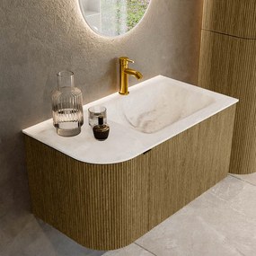 Mondiaz Kurve-dlux 85cm badmeubel ronding links dusk met 1 lade en deur en wastafel cloud kraangat rechts frappe