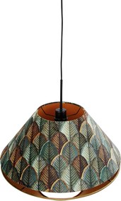 Hanglamp zwart met dubbele velours lampenkap blad dessin en beige - Combi 1