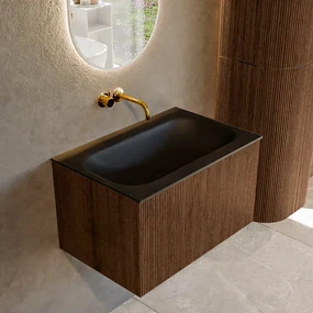 Mondiaz Kurve 70cm badmeubel walnut met 1 lade en wastafel big small midden zonder kraangat urban
