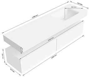 Zaro Alan badmeubel 170cm urban 2 lades met vrijhangende wastafel cloud rechts 1 kraangat talc