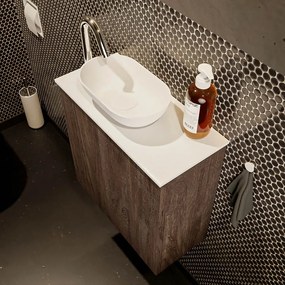 Mondiaz Fowy toiletmeubel 50cm dark brown met witte waskom links en kraangat