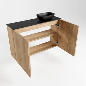 Mondiaz Fowy toiletmeubel 80cm washed oak met zwarte waskom rechts en kraangat