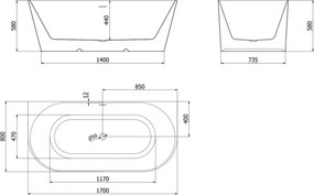 Mexen Oval Slim vrijstaande wandbad 170 x 80 cm, wit, witte overloop - 52661708000-20