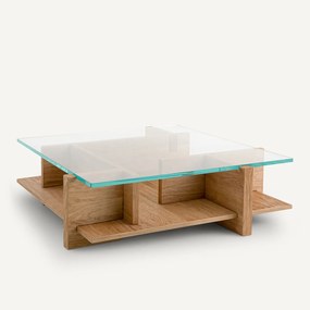 Salontafel, zandkleurig eikenfineer, gehard glas, Laby