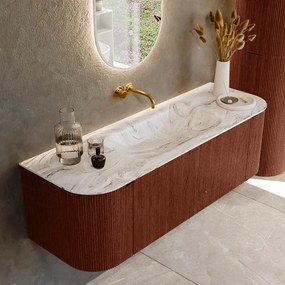 Mondiaz Kurve-dlux 140cm badmeubel ronding links/rechts ruby met 1 lade en 2 deuren en wastafel big small midden zonder kraangat glace