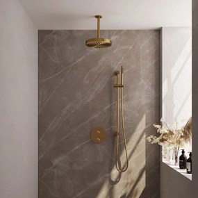 Brauer Stripe inbouw regendouche rond met 25cm hoofddouche, rond met plafondarm, glijstang en staafhanddouche set 45 messing geborsteld PVD