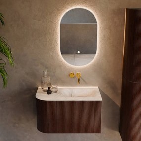 Mondiaz Kurve-dlux 75cm badmeubel ronding links ruby met 1 lade en deur en wastafel grunne rechts zonder kraangat frappe