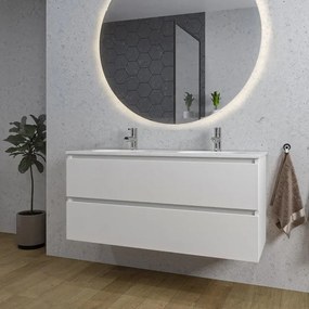 Adema Chaci Badkamermeubelset - 120x46x57cm - 2 ovale keramische wasbakken wit - 2 kraangaten - 2 lades - ronde spiegel met verlichting - mat wit SW1212780/SW718719/SW161923