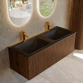 Mondiaz Kurve 120cm badmeubel walnut met 1 lade en wastafel cloud dubbel 2 kraangaten urban