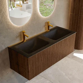 Mondiaz Kurve 120cm badmeubel walnut met 1 lade en wastafel cloud dubbel 2 kraangaten urban