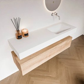 Zaro Alan badmeubel 140cm washed oak 1 lade met vrijhangende wastafel cloud rechts zonder kraangat talc