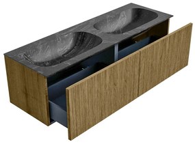 Mondiaz Kurve-dlux 140cm badmeubel dusk met 2 lades en wastafel stor small dubbel 2 kraangaten lava