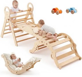 VEVOR Klimdriehoek, 9-in-1 klimspeelgoed met houten autootjes, kussen, klimdriehoek, glijbaan en klimboog, draagvermogen tot 68 kg, Montessori binnenspeelset voor kinderen van 1 tot 3 jaar.