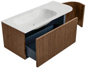 Mondiaz Kurve-dlux 105cm badmeubel ronding rechts walnut met 1 lade en deur en wastafel big small links zonder kraangat opalo