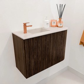 Mondiaz Joya DLux 60cm toiletmeubel ronding rechts walnut met wastafel faye links 1 kraangat meli