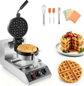 VEVOR Ronde Wafelijzer 1300W, Contactgrill Belgisch Wafelijzer 4-delige Wafelmachine van RVS inclusief voedselclip & borstels & anti-verbrandingshandgreep, voor cafés, restaurants, enz.