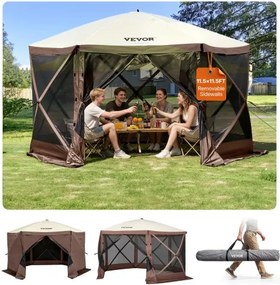 VEVOR Pop-Up Gazebo Tent, Pop-Up Tent met 6-zijdige luifel, zonnescherm met 6 verwijderbare privacy-windschermen en gaasramen, 3,5 x 3,5 m, snel op te zetten tent met klamboe, bruin
