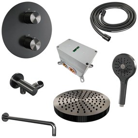 Brauer Stripe inbouw regendouche rond met 25cm hoofddouche, gebogen muurarm en 3 standen handdouche set 41 gunmetal geborsteld PVD