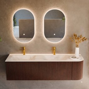 Mondiaz Kurve-dlux 155cm badmeubel ronding rechts ruby met 2 lades en 1 deur en wastafel leaf dubbel/links 2 kraangaten ostra