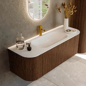 Mondiaz Kurve 130cm badmeubel ronding links/rechts walnut met 1 lade en 2 deuren en wastafel big small midden 1 kraangat