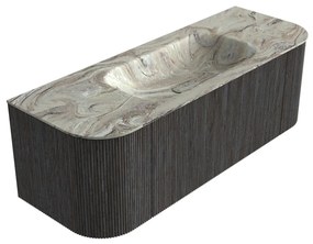 Mondiaz Kurve-dlux 130cm badmeubel ronding links/rechts shadow met 1 lade en 2 deuren en wastafel big small midden zonder kraangat glace