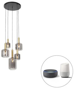Smart hanglamp met dimmer zwart met goud met smoke glas incl. 5 Wifi A60 - Zuzanna Modern E27 rond Binnenverlichting Lamp