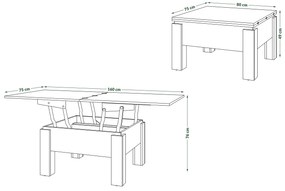Mazzoni OSLO eiken artisan / zwart mat, uitklapbare salontafel met in hoogte verstelbaar  blad