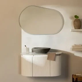 Carsone Houten Badkamermeubelset Wit & Zonder Extra Eenheid & Rond Grijs Cement Ø40 Cm Tarsis & Ovaal Led En Anticondens 100x80 Cm Meunier & - Sklum