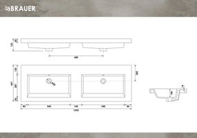 Brauer Solar Medium dubbele wastafel mineraalmarmer 140cm zonder kraangaten wit mat