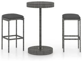 vidaXL 3-delige Tuinbarset met kussens poly rattan grijs