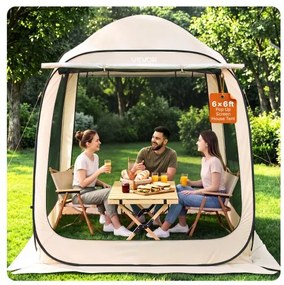 VEVOR Campingtent, 182,88 x 182,88 x 219,4 cm, pop-up tent met uitschuifbare luifel, draagbare partytent voor 4-6 personen, incl. draagtas en zijwanden, voor terras en buitenactiviteiten, beige
