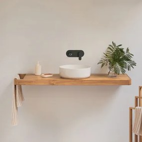 Conjunto Van Meubel 130x45 Cm Hangend In Teakhout Neill Teakhout & Rond Keramiek Wit Ø40 Cm Lenka & Spiegelloze & Matzwart Inbouwmodel Met Afvoerkraan