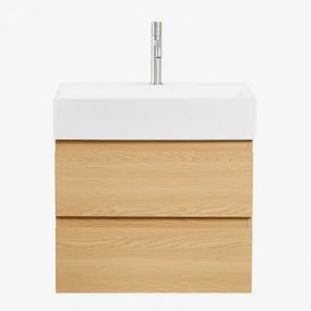 Ona Zwevend Badkamermeubelset Van Hout En Essenfineer Met Geïntegreerde Wastafel Natuurlijk Hout & Spiegelloze & Geborsteld Grijs - Sklum