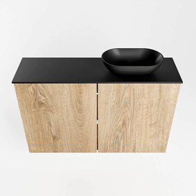 Mondiaz Fowy toiletmeubel 80cm washed oak met zwarte waskom rechts en kraangat