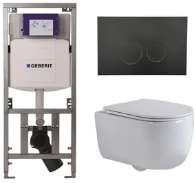 QeramiQ Dely Swirl Toiletset - 36.3x51.7cm - Geberit UP320 Burda inbouwreservoir - slim zitting - mat zwarte bedieningsplaat - ronde knoppen - wit mat 0701131/SW706188/SW1000766/SW1026257