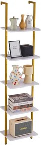 VEVOR Ladderplank met metalen frame, 5 niveaus, wandgemonteerde boekenplank, 40 x 30 cm, zwevende plank, opbergrek, houder voor kleine spullen voor keuken, slaapkamer, badkamer, woonkamer, goudwit