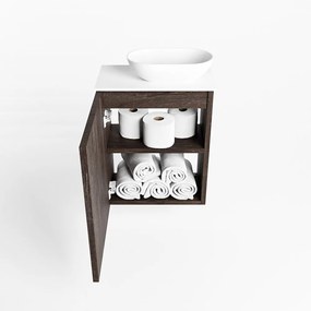 Mondiaz Fowy toiletmeubel 40cm dark brown met witte waskom rechts en kraangat