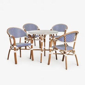 Set Van Ronde Tafel Ø80 Cm En 4 Stapelbare Eetkamerstoelen Met Armleuningen Van Aluminium Brielle Bistro Ken Blauw - Gardenia Wit - Sklum