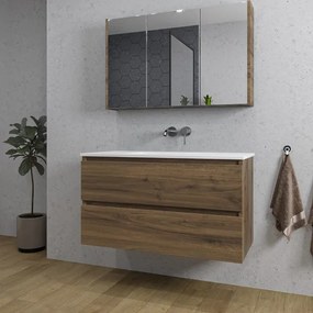 Adema Chaci Badkamermeubelset - 100x46x57cm - 1 keramische wasbak wit - zonder kraangaten - 2 lades - Spiegelkast - noten (hout) SW1212772/SW1212817/SW812073/SW773927
