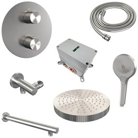 Brauer Stripe inbouw regendouche rond met 25cm hoofddouche, rechte muurarm en 3 standen handdouche set 40 RVS geborsteld PVD