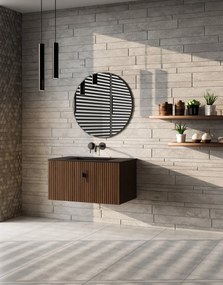 Muebles Raya badmeubel ribbelfront 80cm walnoot met zwarte wastafel zonder kraangat