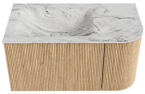 Mondiaz Kurve-dlux 85cm badmeubel ronding rechts oak met 1 lade en deur en wastafel cloud kraangat links glace