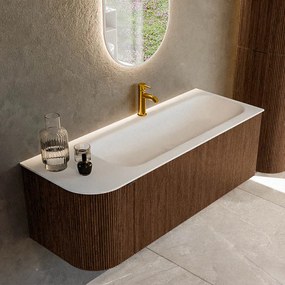 Mondiaz Kurve 125cm badmeubel ronding links walnut met 1 lade en deur en wastafel big medium kraangat rechts