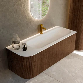 Mondiaz Kurve 125cm badmeubel ronding links walnut met 1 lade en deur en wastafel big medium kraangat rechts