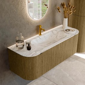 Mondiaz Kurve-dlux 130cm badmeubel ronding links/rechts dusk met 1 lade en 2 deuren en wastafel big small midden 1 kraangat glace